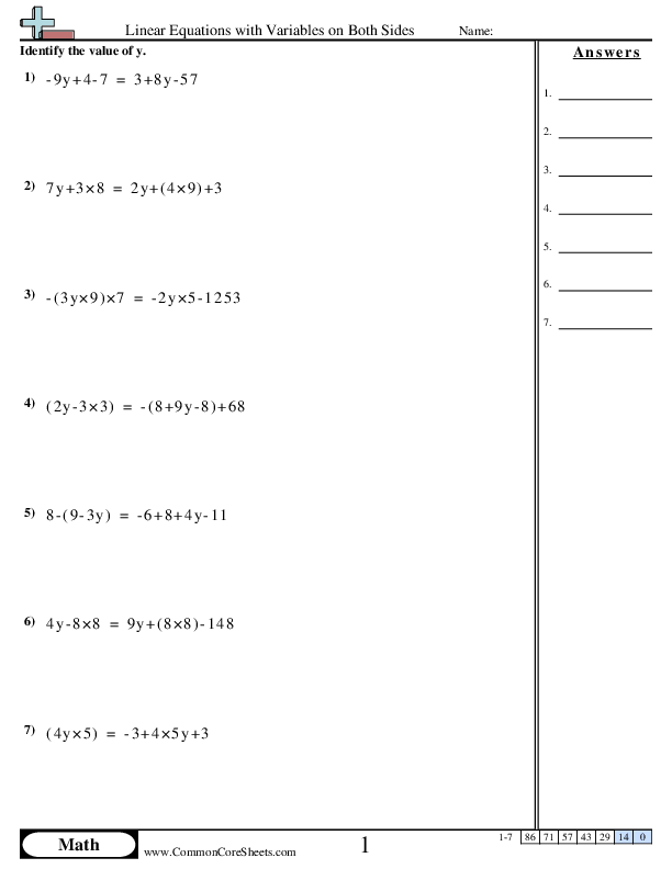 Algebra Worksheets - Linear Equations with Variables on Both Sides worksheet